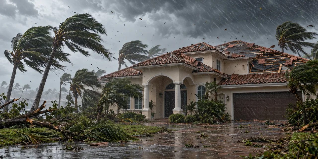 Illustrative hurricane scene with a damaged Florida home, wind-bent palms and driving rain