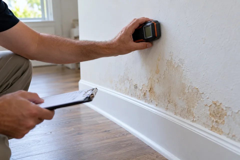 Illustrative property inspection using a moisture meter to document water damage on a wall